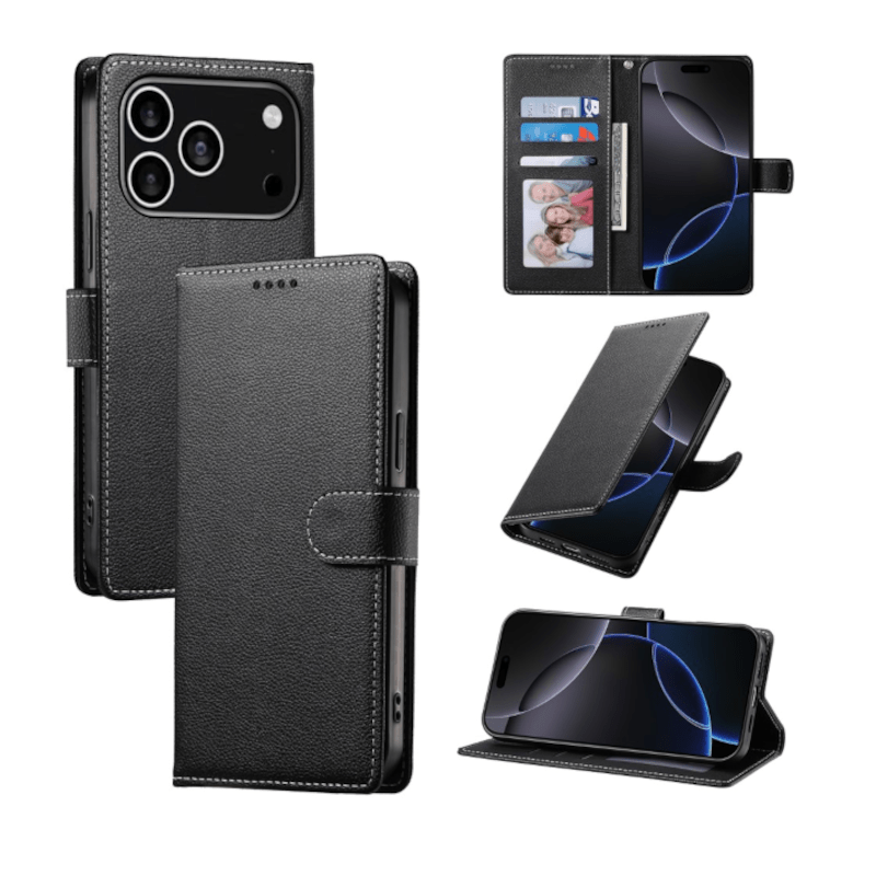 iPhone 18 Pro Max Flip Wallet Cover Echtleder - Schwarz - immagine 2